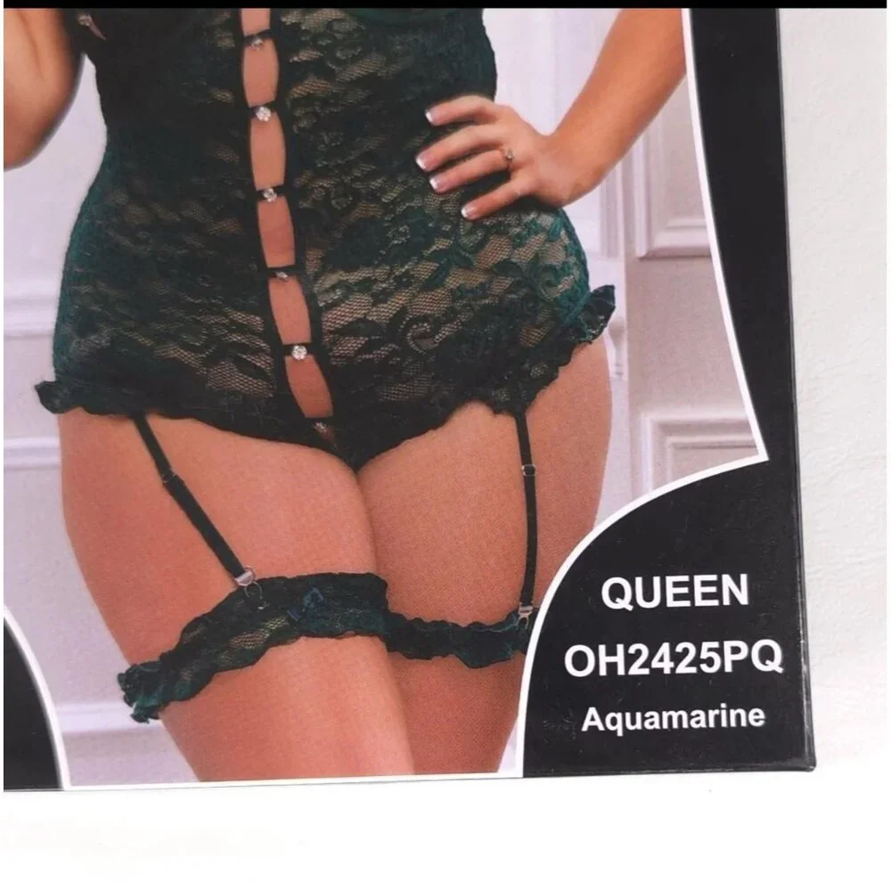 Green Lace‎ Peekaboo Teddy Snap Crotch w/ Garters Plus Size G World OH2425PQ